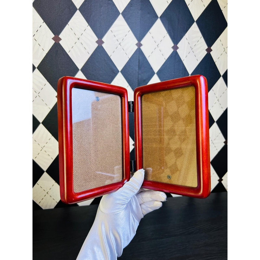 Vintage Bi-Fold, Hinged Teak‎ Wood Double Photo Frame Folding Tabletop Decor - Picture 7 of 17